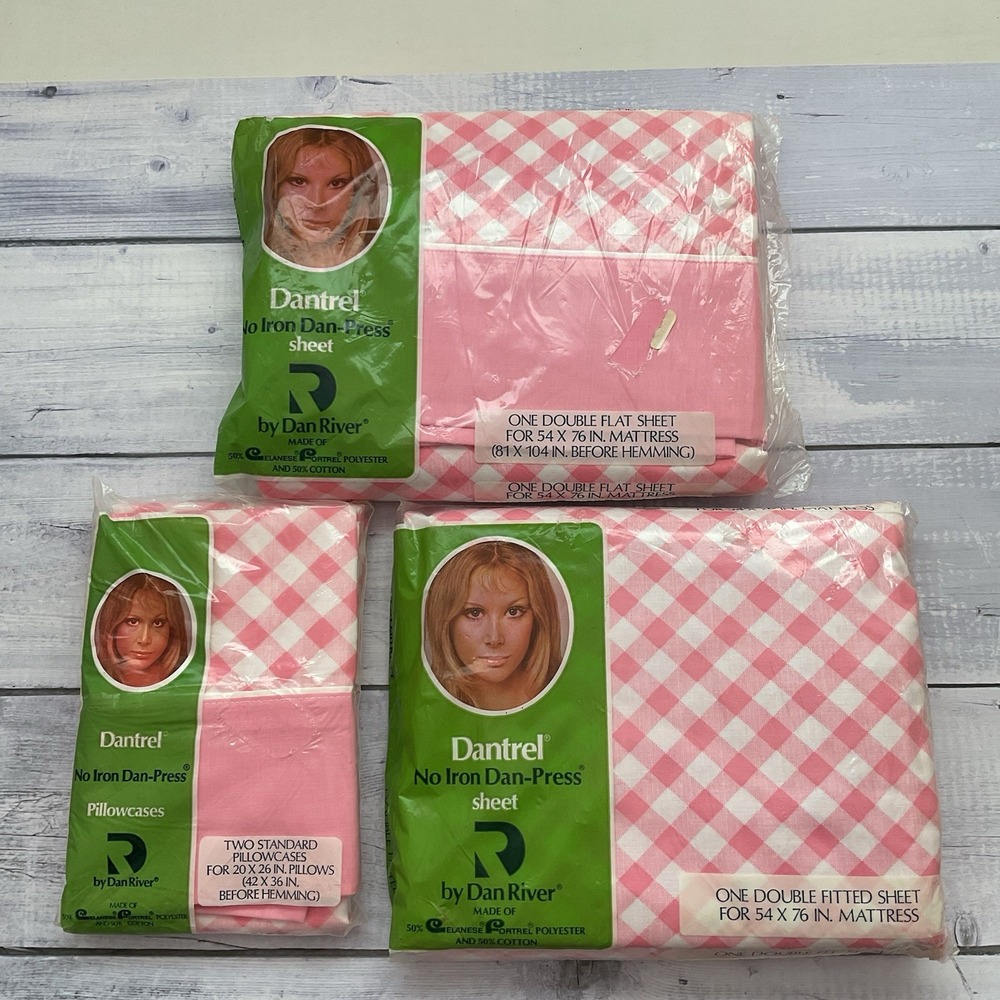 Dantrel Dan River Double Sheet Set Flat Fitted‎ Pillowcases Pink White Check VTG